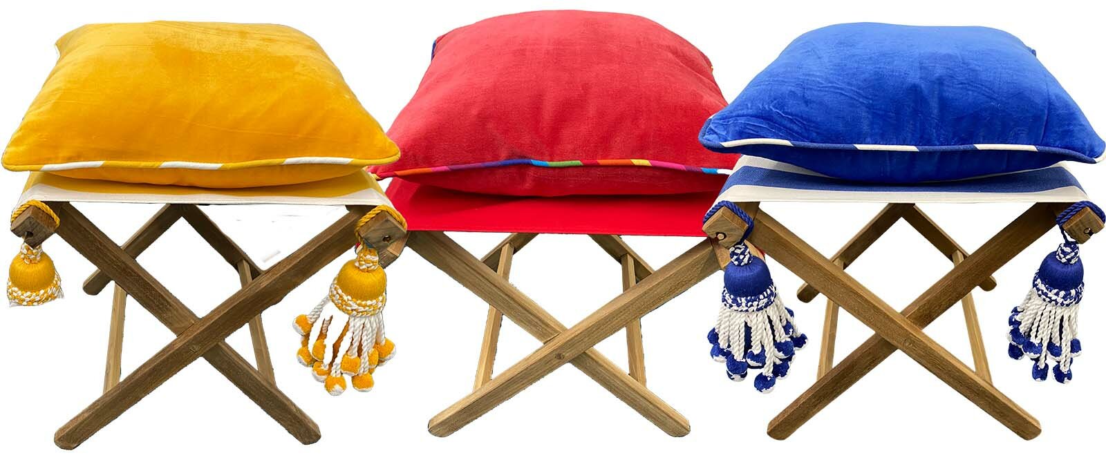 Cushions piped in classic stripes for stools, footstools and deckchairs