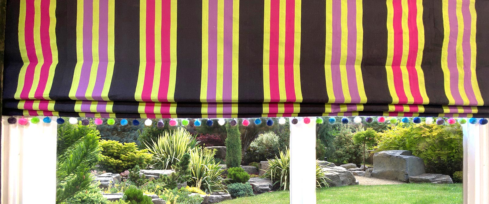 black stripe roman blind with pompom fringe