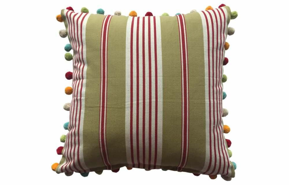 Olive Green and Red Striped Pompom Cushions 50x50cm