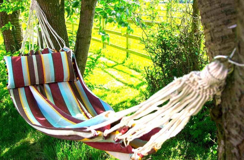 Striped Hammock Earth tones with duck egg blue stripes 