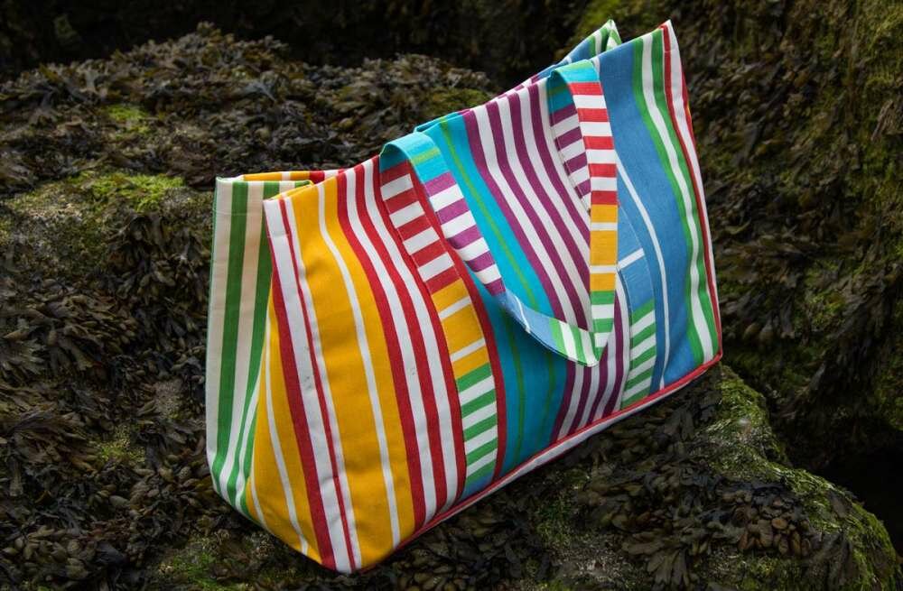Extra Large Beach Bag - yellow, tangerine, white, green and blue stripes 