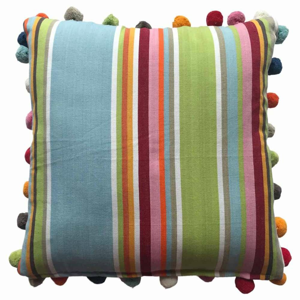 pale blue and taupe stripe pompom cushion