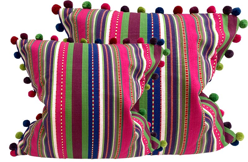 Hot Pink, Green, Purple Striped Pompom Cushion Covers