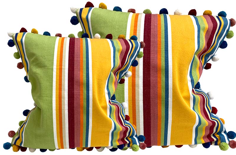 Yellow, Green, Blue Stripe Cushion Covers with Pompom Fringe