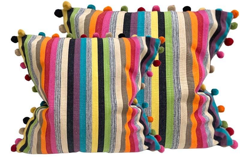 Multi Stripe Pompom Cushion Covers With Bright, Colourful And Neutral Colour Stripes