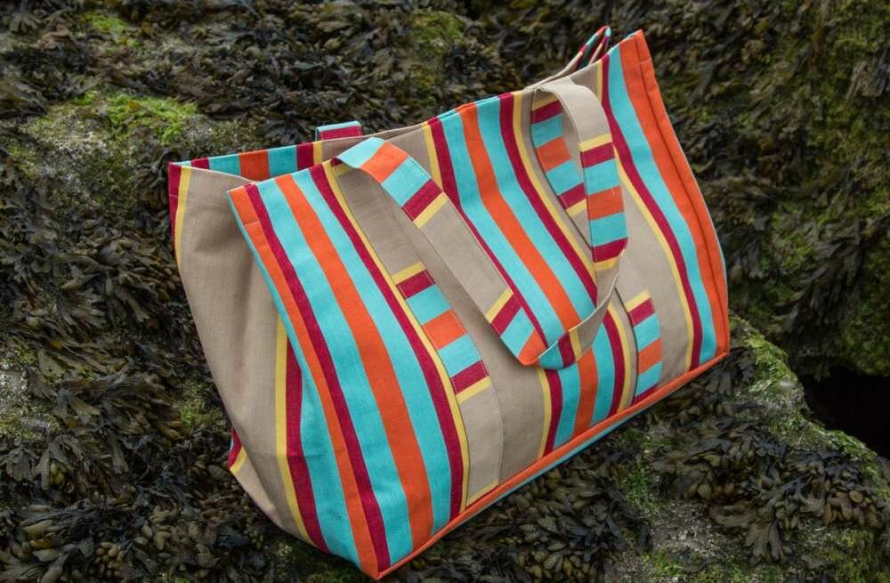 Vintage Look Extra Large Beach Bag - Fawn, Terracotta, Turquoise Stripes 