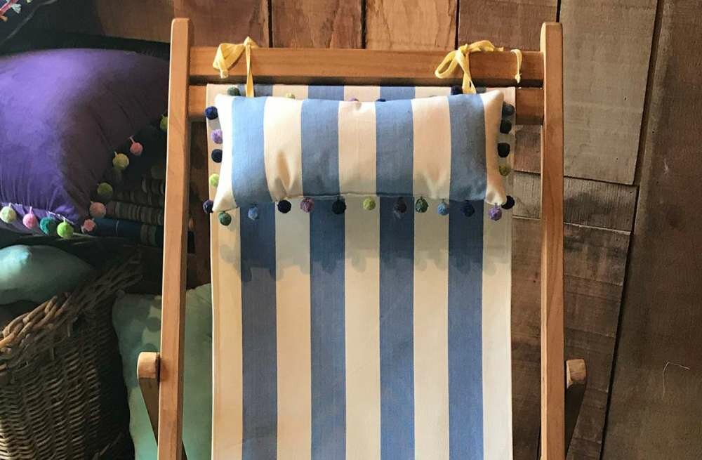 Sky Blue and White Stripe Deckchair Headrest Cushions | Tie on Pompom Headrest Pillow