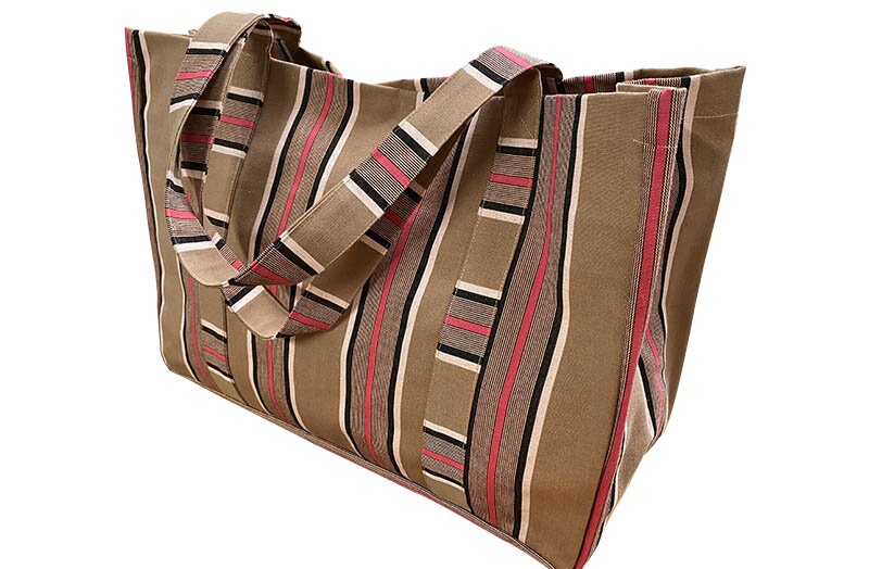 Striped Beach Bag with Sandy Beige, Black, Pink, White Stripes