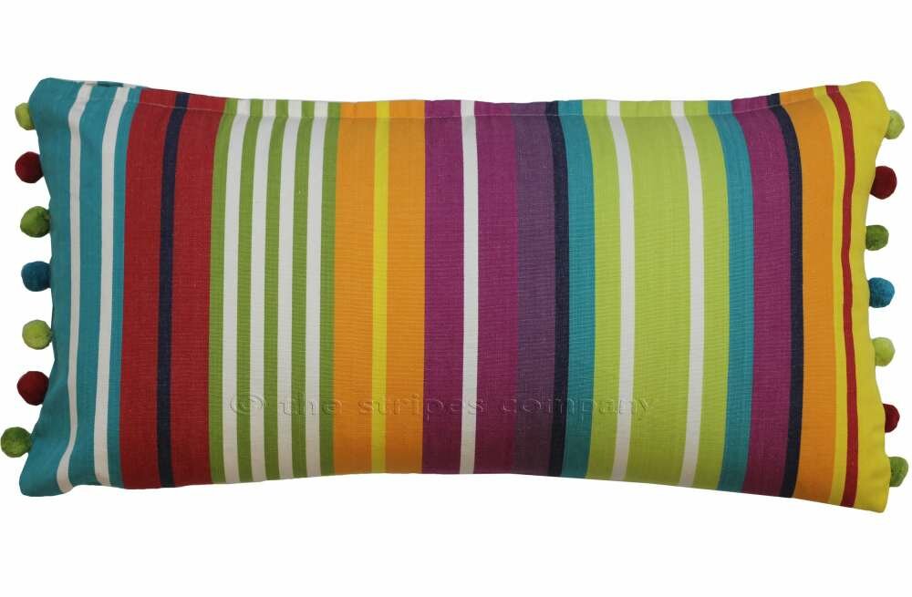 Turquoise Striped Oblong Cushions with Bobble Fringe Aerobics Stripes