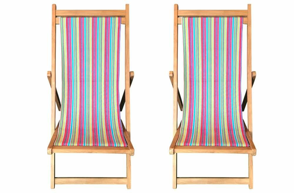 Karting Pink Pair of Teak Deckchairs | The Stripes Company Australia pink, green, yellow