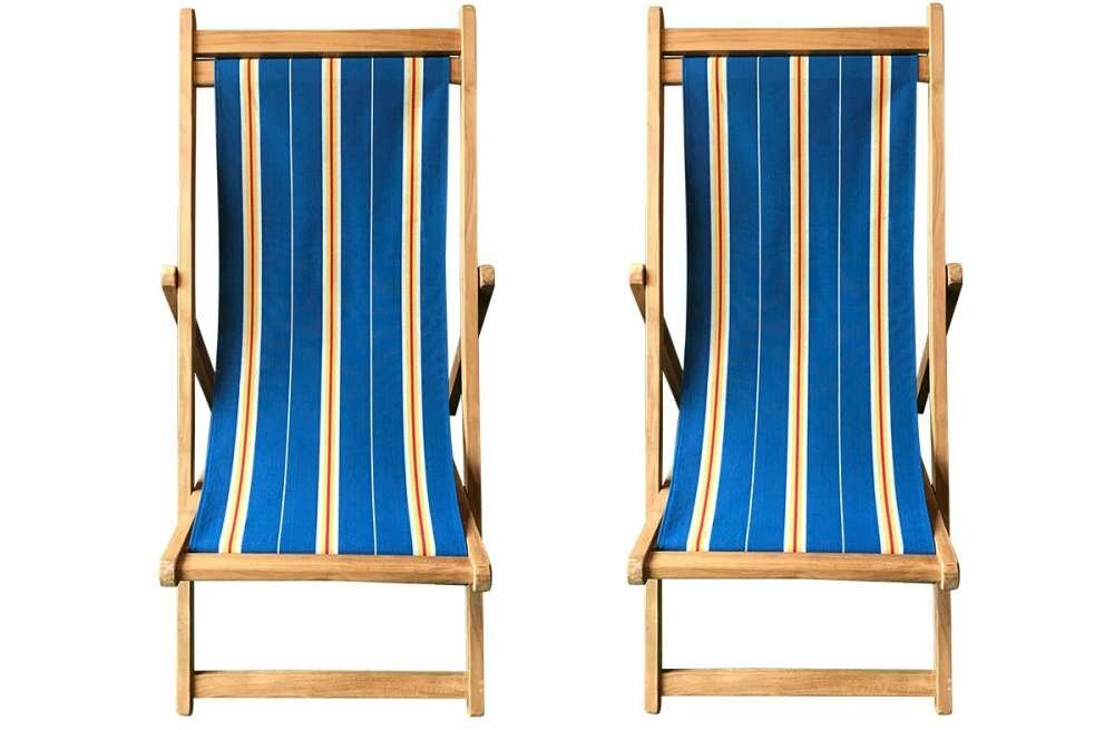Navy Blue Stripe Pair of Teak Deckchairs | The Stripes Company Australia