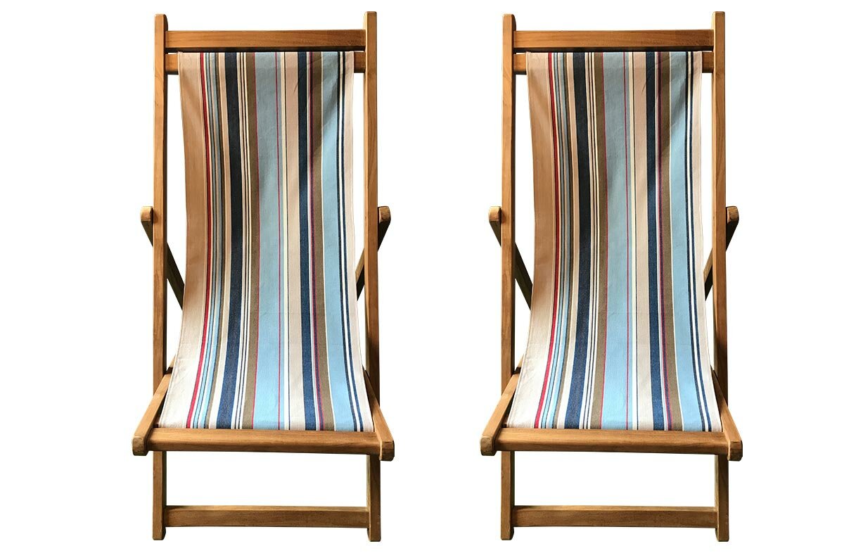 Teak Deckchairs with pale blue, grey, royal blue slings | The Stripes Company Australia