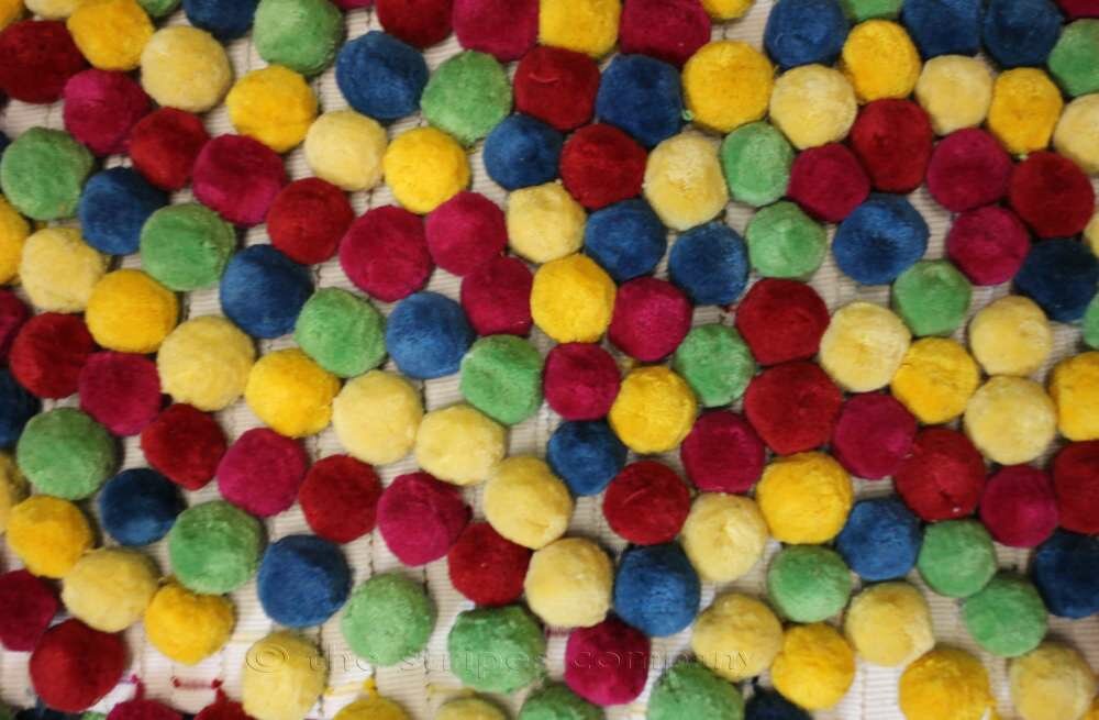 Large Multi Coloured Bobble Fringe - Pink Green Yellow Blue Red Pompoms on white tape 