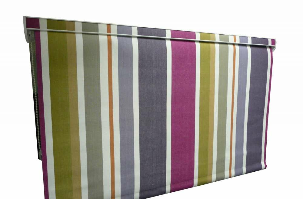 striped roller blind with fabric covered pelmet
