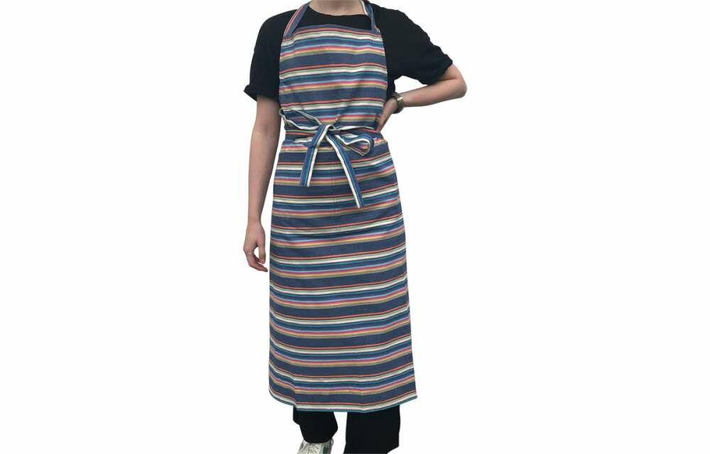 Navy Blue Striped Cotton Aprons with Rainbow Coloured Stripes