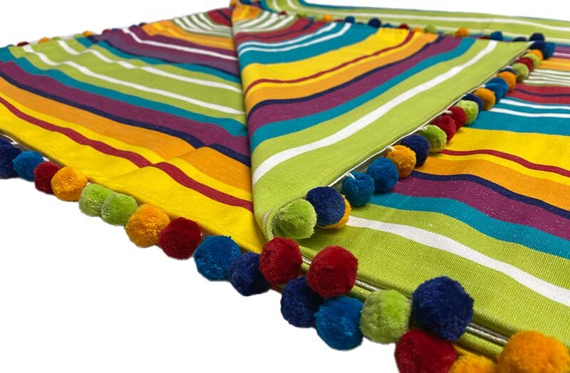 Mix And Match Stripe Cotton Throws with Pom Pom Fringe