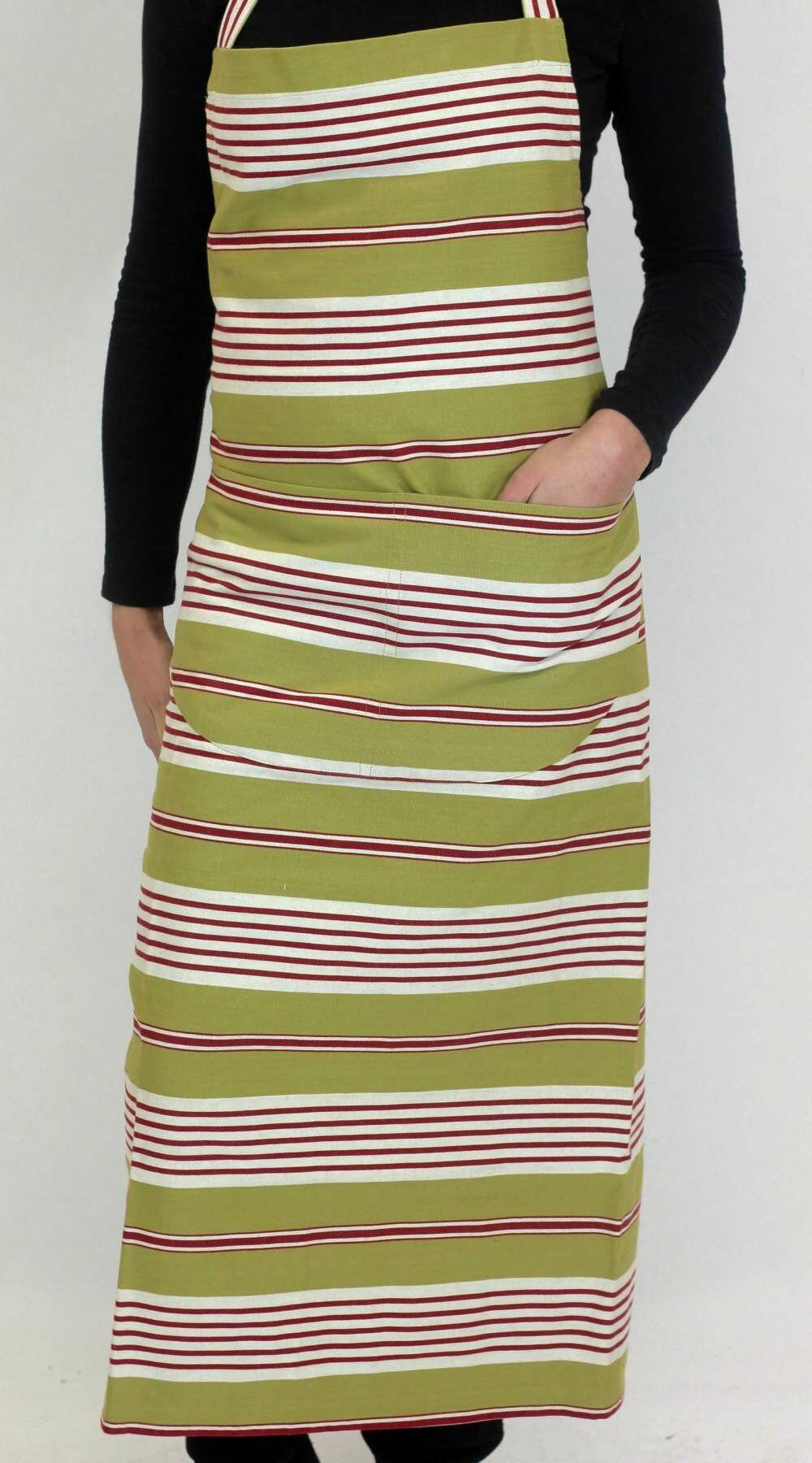 Olive Striped Apron Olive Red White Stripes