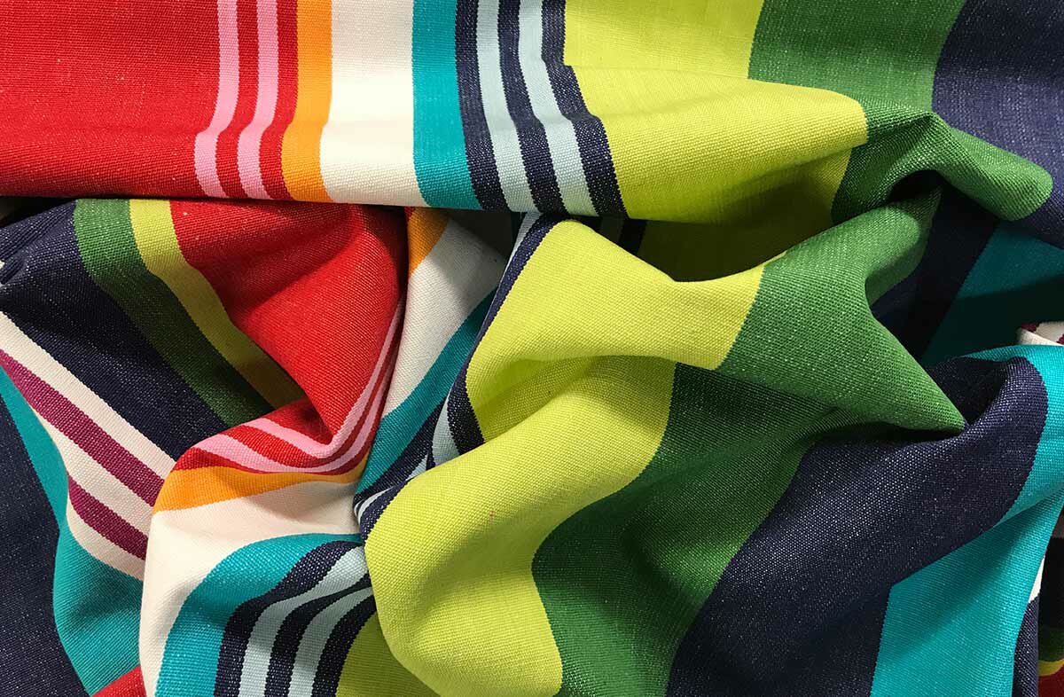 Green, blue and red stripe fabric
