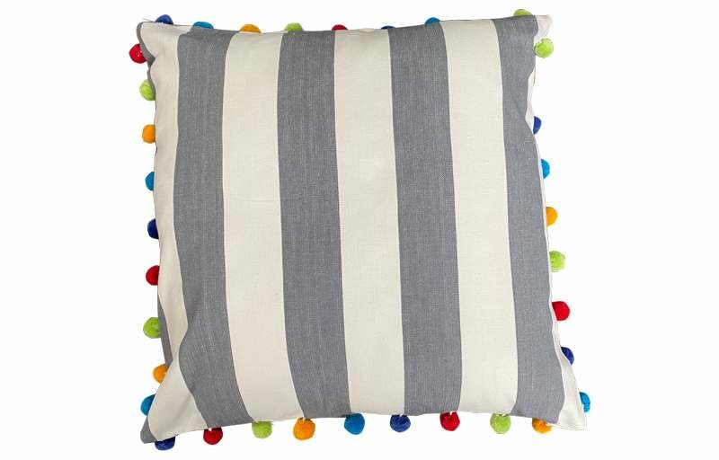 Charcoal Grey and White Stripe Pompom Cushion 50x50cm