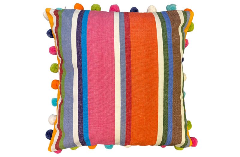 Pink, Blue and Orange Stripe Pompom Cushion