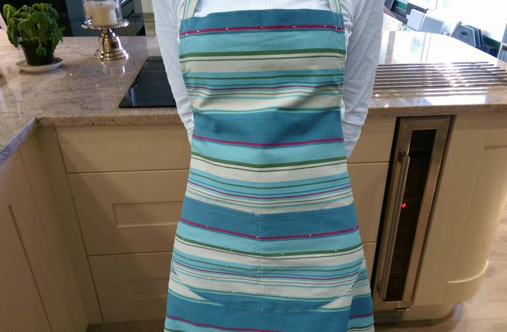 Swarovski Crystal embellished Aprons - Petrol blue, pale blue, cream stripe 