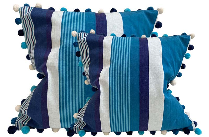 Teal, Aquamarine, French Navy Striped Pompom Cushion Covers